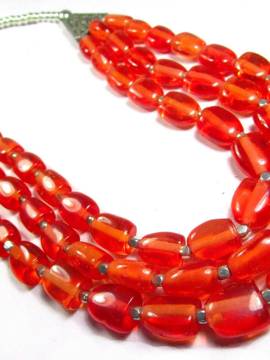 Bold GYPSY TRIBAL Orange Color Glass Beads Strand NECKLACE Tibetan Jewelry - N7825