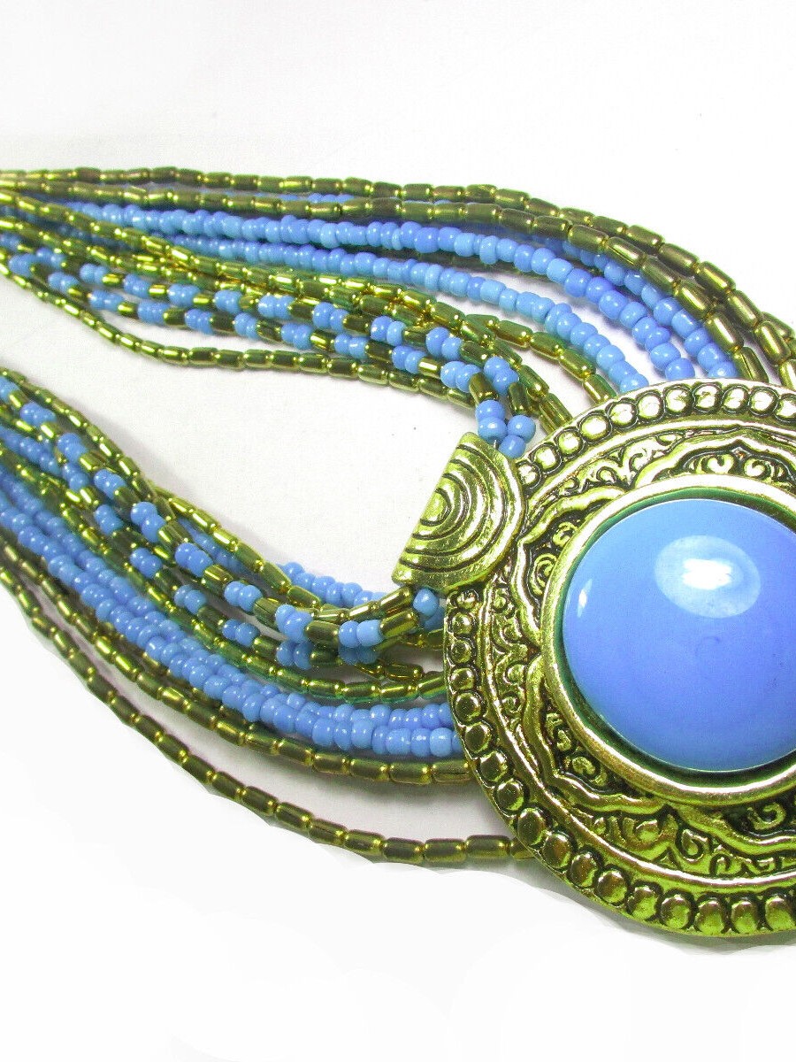 Bold Multi Strand Glass Bead Ethnic Resin Pendant Tibetan Necklace Jewelry - N7715
