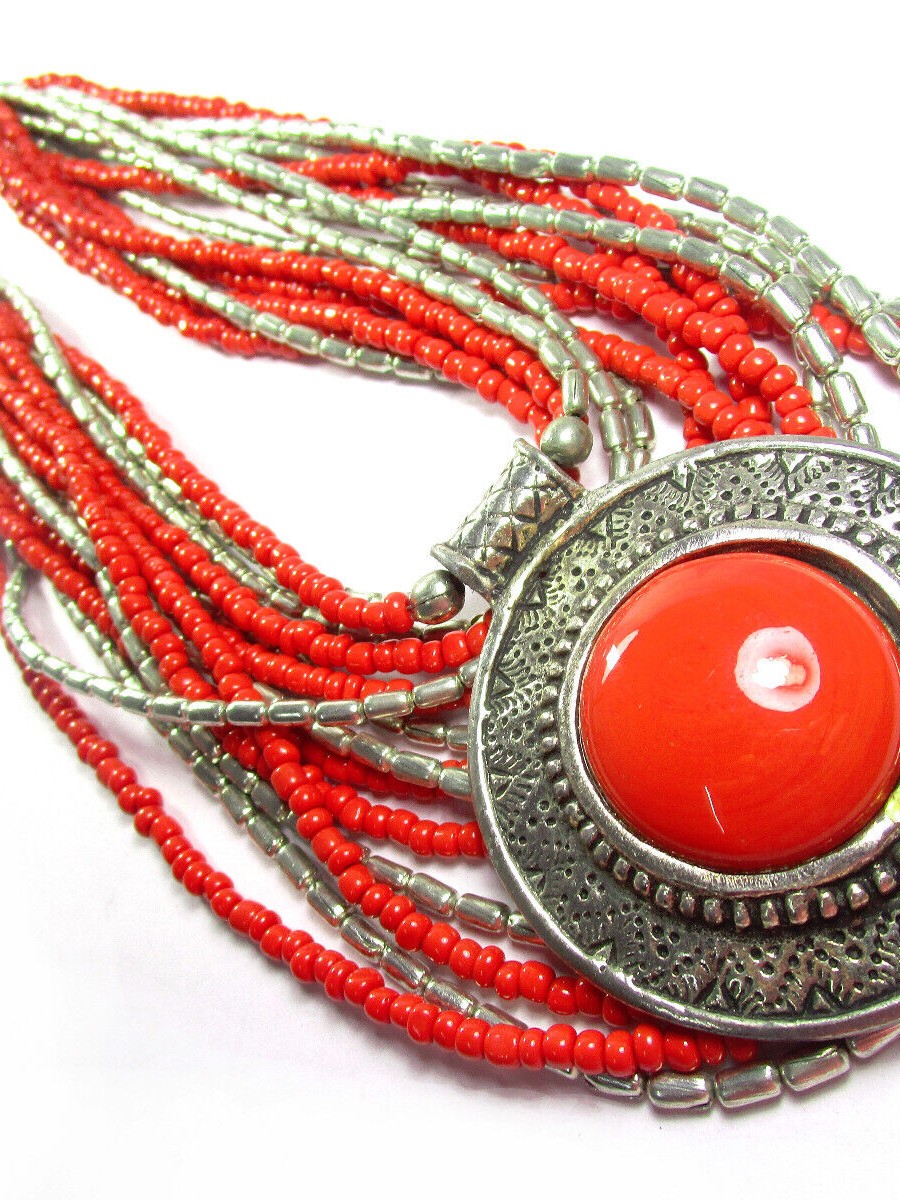 Bold Multi Strand Glass Bead Ethnic Resin Pendant Tibetan Necklace Jewelry - N7716