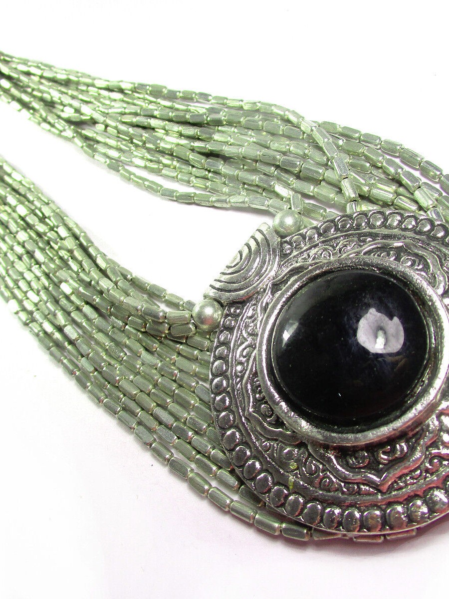 Bold Multi Strand Metal Bead Ethnic Resin Pendant Tibetan Necklace Jewelry - N7717