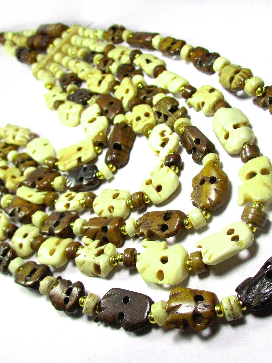 Ethnic Bone Cream Brown Color Tribal Multi Strand Drop Boho Necklace Tibet - N7644