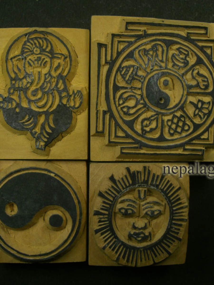 Lot of 4 Hand Carved Astamangala Ganesh Decor Wood Block fabric Print Stamp - BL54