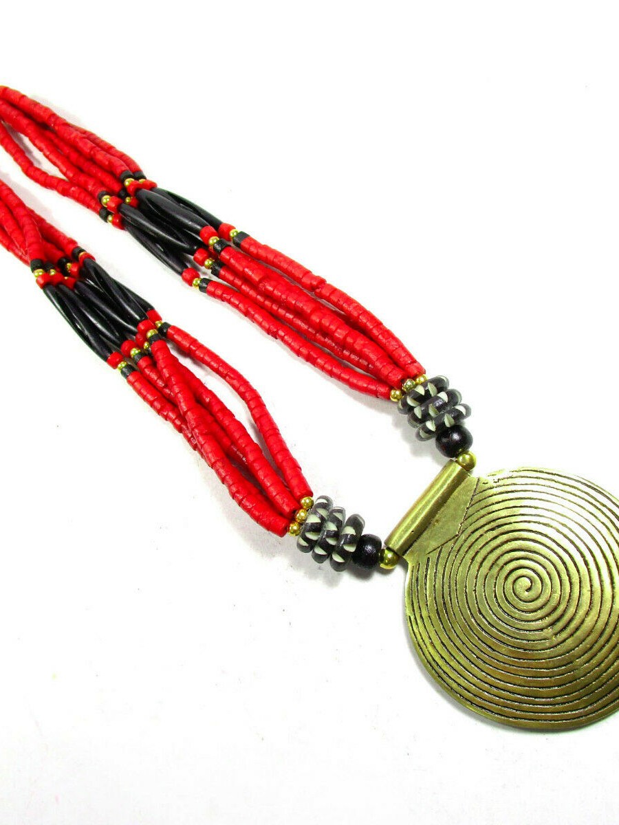 Multi strand spiral solid brass disck handmade gypsy tribal Naga Necklace - N6021