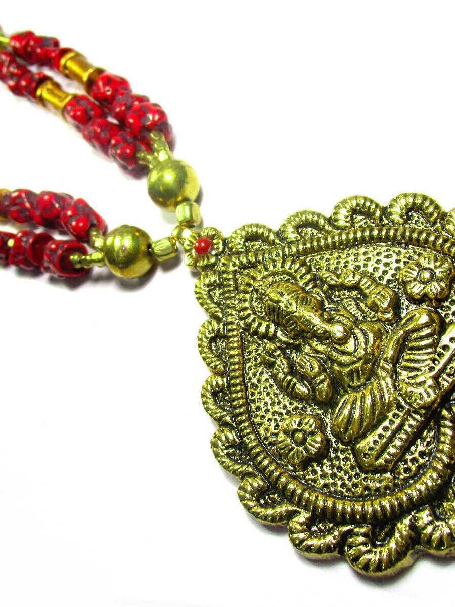 old Multi Strand Glass Bead Ethnic Lord Ganesha Embossed Pendant Necklace - N7820