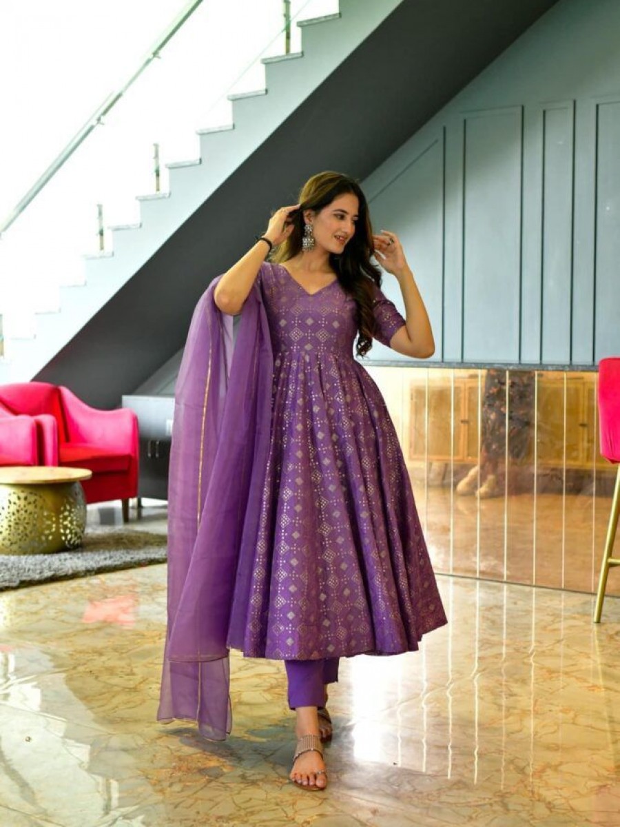 Party Wear Gown With Heavy Embroidery & Siquance - SR-1461