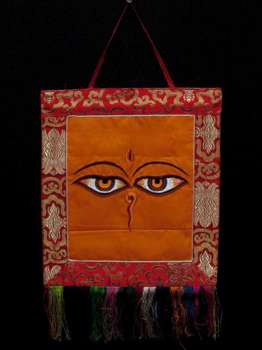 Tibetan Wall Hanging Buddha Eye Embroidered Brocade Thangka Thanka Nepal - Th228