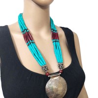 Bead Multi Strand Ethnic Spiral Pendant Handmade Gypsy Tibet Bold Necklace