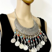 Belly Dance Tibetan Gypsy Dangle Glass Coin Banjara Collar Choker Necklace