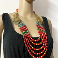 Bold Long Runway Embossed MultiStrand Glass Bead Handmade Tribal Long NECKLACE India
