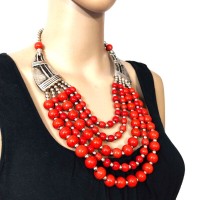 Bold Red Glass Beads Multi Strand Handmade Tribal Long Collar NECKLACE