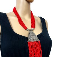 Coral Color Glass Beads Multi Strand BOHO Handmade Pendant Necklace India