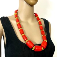 Ethnic Red Color Resin Golden Tone Bead TIBET Tribal Necklace New Jewelry
