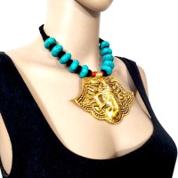ETHNIC Runway Resin Bead Lord Ganesh Embossed Pendant Boho Tribal Necklace