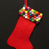 Handmade Red Felted pom pom wool Holiday Christmas Stocking Decor Nepal