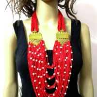 Long Ethnic Fashion Runway Bold Ganesha Glass Red Multi Color Strand Necklace Jewelry India