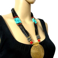 Multi Strand Spiral Brass Disc Pendant Handmade Naga Tibet Tribal Necklace