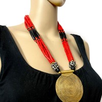 Red Strand Spiral Brass Disc Pendant Handmade Naga Tibetan Tribal Necklace