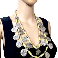 Tibetan GYPSY Resin Metal Bead 2 Strand Collar Tribal NECKLACE Women Jewelry