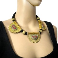 Tribal Boho Gypsy BRASS Mosaic Resin Choker Pendant Necklace India Jewelry