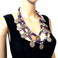 TRIBAL GYPSY Fashion Resin Beads 2 Strand Collar Coin NECKLACE India Jewelry